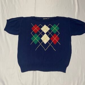 John Meyer Argyle Sweater Navy Blue Short Sleeve Vintage Size L See Measurement